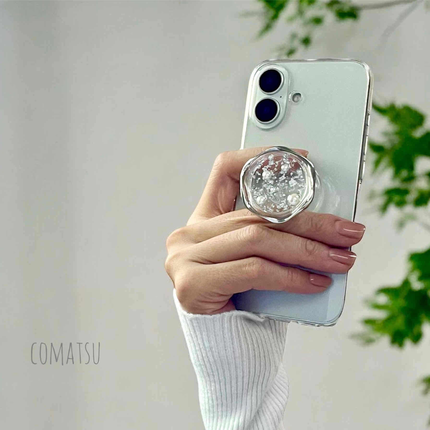 大人ニュアンス仕立て .゜newシリーズ グリップソケット付きスマホケース 銀箔×パール クリアベース スマホカバー | 6枚目